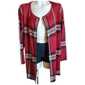 Plaid Cardigan Sweater Size L Black Red Long W No Buttons